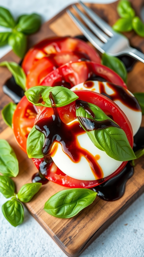 Layers of tomato, mozzarella, and basil in a Caprese salad, drizzled with balsamic glaze on a rustic board.